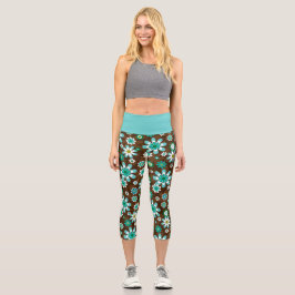 Braune und blaue Retro-Mod-Blume Capri Leggings