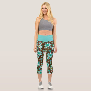Braune und blaue Retro-Mod-Blume Capri Leggings