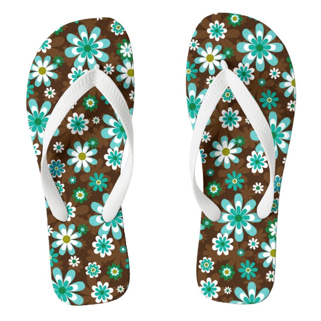 Braune und blaue Retro-Mod-Blume Flip Flops (Fußbett)