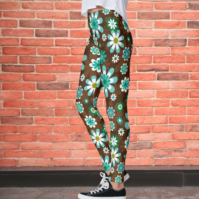 Braune und blaue Retro-Mod-Blume Leggings (Von Creator hochgeladen)