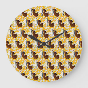 braune und weiße Alpacas mit Kakteen-Blume, Große Wanduhr