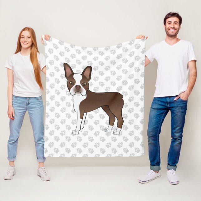 Braune und weiße Boston Terrier Cartoon Dog & Paws Fleecedecke (Beispiel)