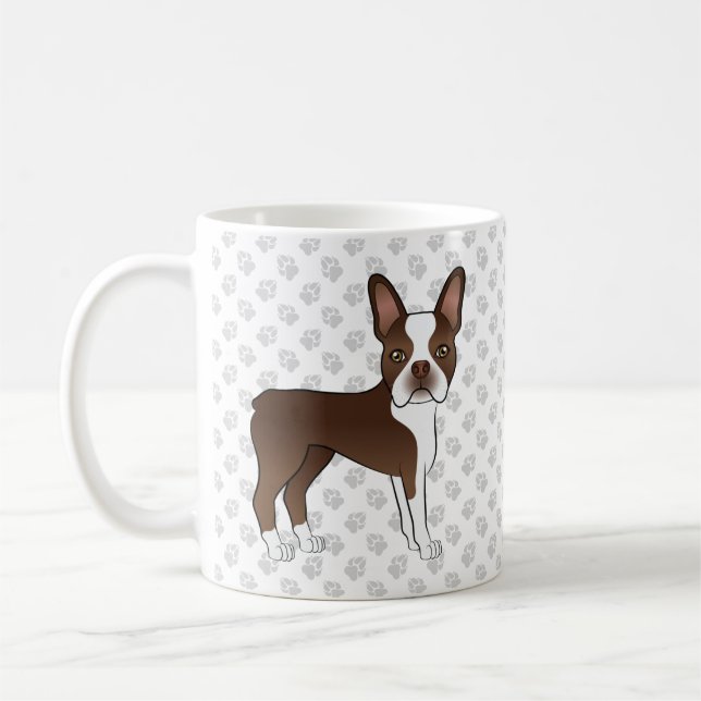 Braune und weiße Boston Terrier Cartoon Dog & Paws Kaffeetasse (Links)