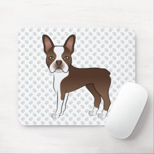 Braune und weiße Boston Terrier Cartoon Dog & Paws Mousepad