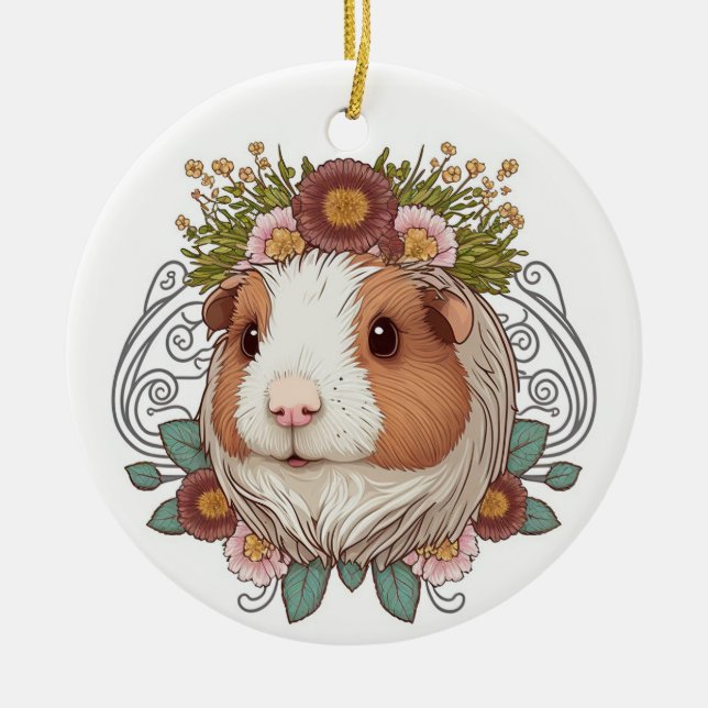 Braune und weiße Guinea Schweine und Blume Keramik Keramik Ornament (Vorne)