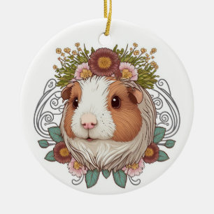 Braune und weiße Guinea Schweine und Blume Keramik Ornament