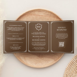 Braune und weiße Monogramm-QR-Code-Hochzeit Dreifach Gefaltete Einladung