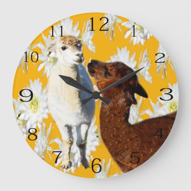 Braune und weiße Wolle Alpacas mit Kakteen-Blume, Große Wanduhr (Vorderseite)