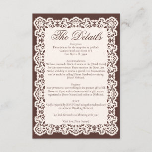 Braune Vintage-Elfenbein-Spitze-Hochzeit Begleitkarte