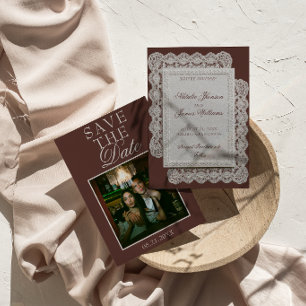 Braune Vintage-Hochzeit mit Spitzenfotos Save The Date