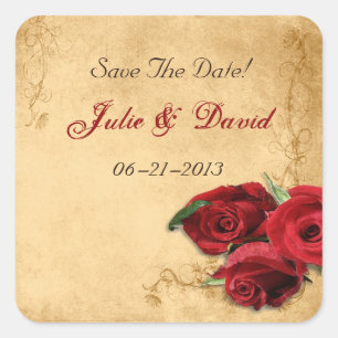 Braune Vintage-Karamell- und Rosen-Hochzeitseinlad Quadratischer Aufkleber
