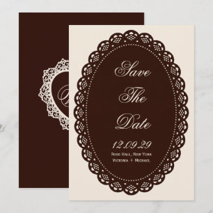Braune Vintage-Spitzen-Oval-Doily-Hochzeit Save The Date