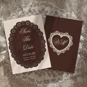 Braune Vintage-Spitzen-Oval-Doily-Hochzeit Save The Date
