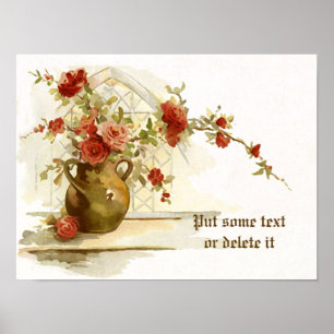 Braune Vintage-Vase mit roten Rosen im Aquarelldru Poster