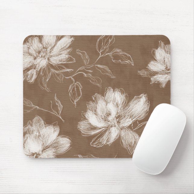 Braune Weiße Abstrakte Blumen Mousepad (Mit Mouse)