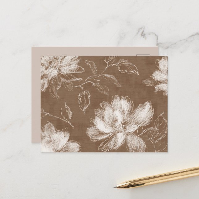 Braune Weiße Abstrakte Blumen Postkarte (Vorderseite/Rückseite Beispiel)