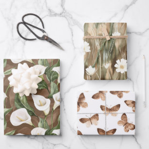Braune Weiße Calla-Lilie Florale Brautparty Geschenkpapier Set