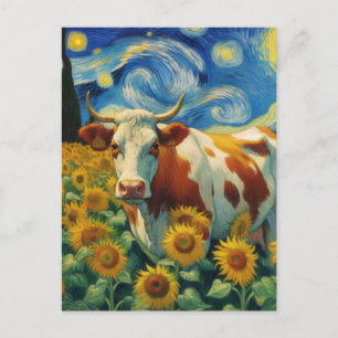 Braune weiße Kuh in Imitaten Van Gogh Sonnenblumen Postkarte