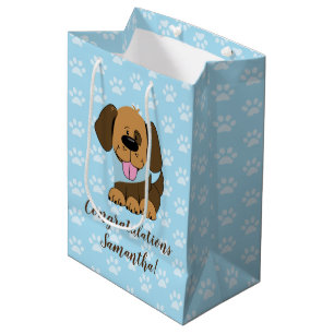 Braune Welpen-Hund Blaue Pfotenabdruck-Geschenktas Mittlere Geschenktüte