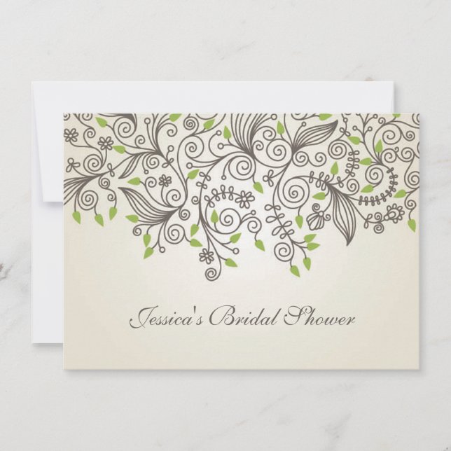 Braune Wirbel und grünes Blätter Brautparty Einladung (Vorderseite)