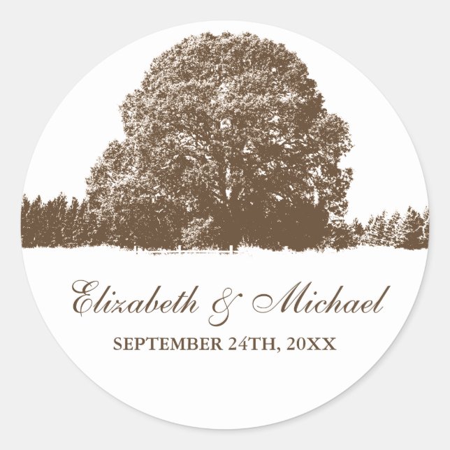 Brauneiche Hochzeit im Herbst Tree Label Runder Aufkleber (Vorderseite)