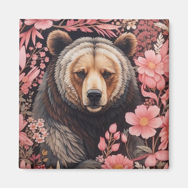 Brauner Bär faszinierend Blick Rosa Blume Magnet (Vorne)