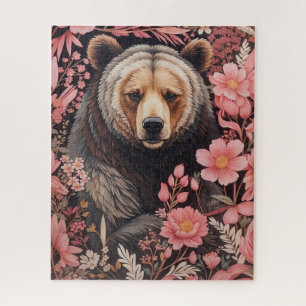 Brauner Bär faszinierend Blick Rosa Blume Puzzle