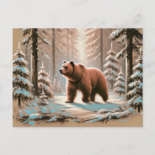 Brauner Bär im Snowy Forest Pastel Chalk Kunst, Di Postkarte (Vorderseite)