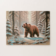 Brauner Bär im Snowy Forest Pastel Chalk Kunst, Di