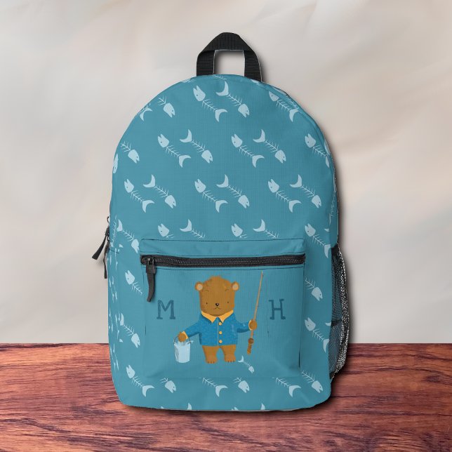 Brauner Bär Kid Blue Backpack Bedruckter Rucksack (Cute kid backpack with a fishing brown bear .)