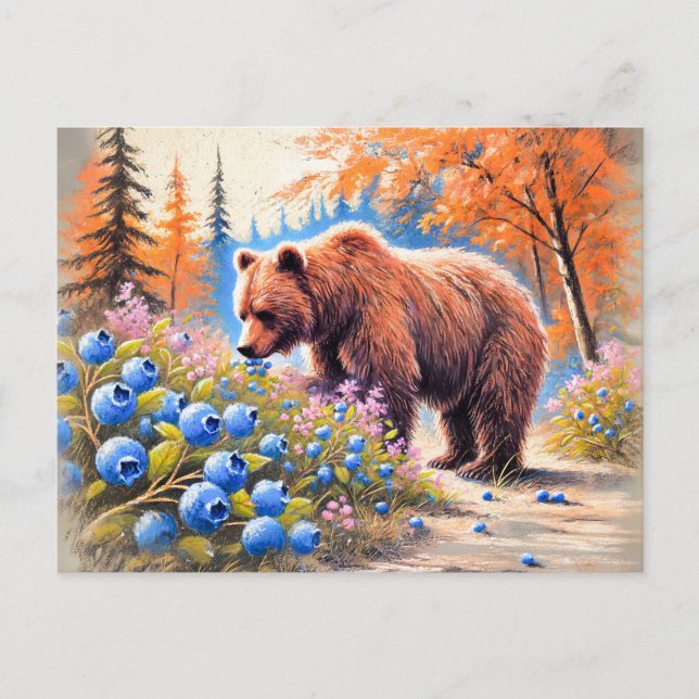 Brauner Bär mit Blueberries Pastell Chalk Art Postkarte (Vorderseite)