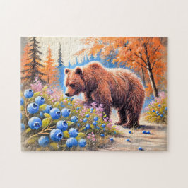 Brauner Bär mit Blueberries Pastell Chalk Art Puzzle