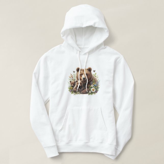 Brauner Bär mit Knochen auf einer blühenden Wiese Hoodie (Design vorne)