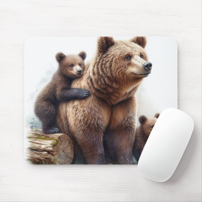 Brauner Bär mit zwei Kubs Mousepad (Mit Mouse)