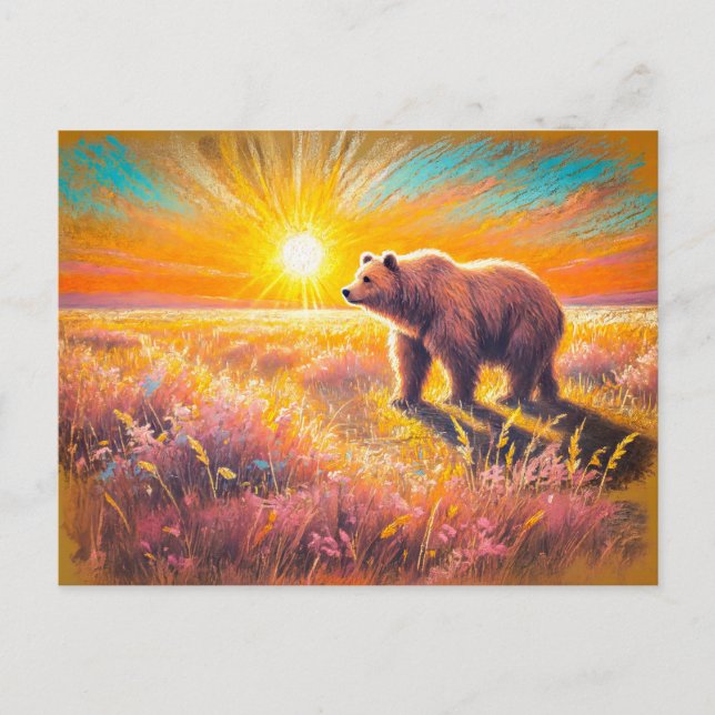 Brauner Bär Sonnenuntergang Pastell Chalk Kunstwer Postkarte (Vorderseite)