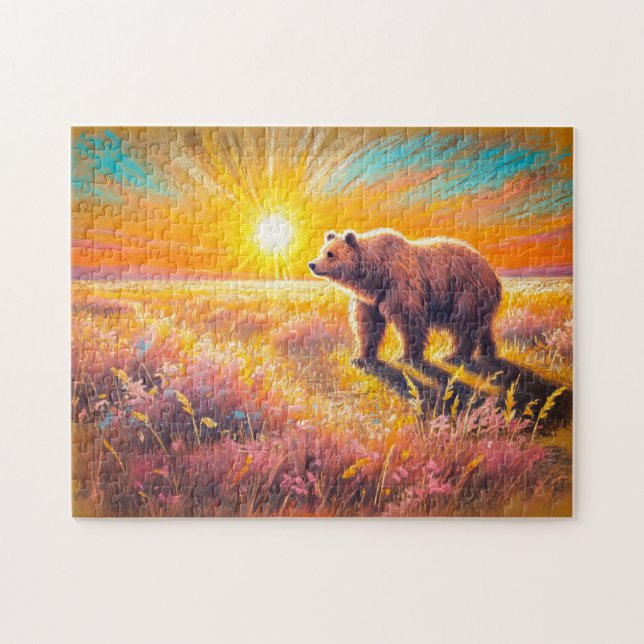Brauner Bär Sonnenuntergang Pastell Chalk Kunstwer Puzzle (Horizontal)