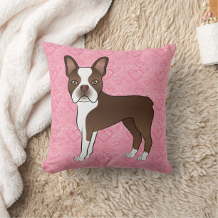 Brauner Boston Terrier Hund auf rosa Herzen Kissen