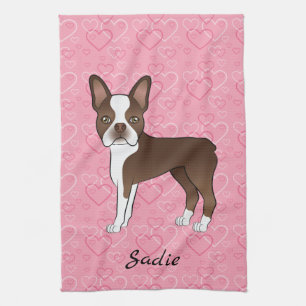Brauner Boston Terrier Hund auf rosa Herzen und Na Geschirrtuch