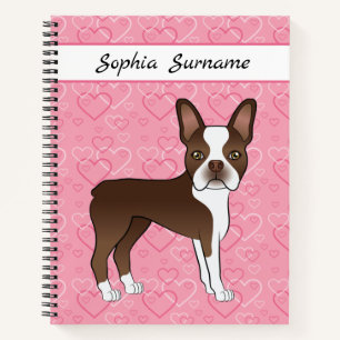 Brauner Boston Terrier Hund auf rosa Herzen und Te Notizbuch