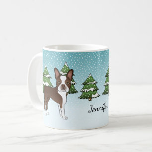 Brauner Boston Terrier in einem Winterwald & Name Kaffeetasse