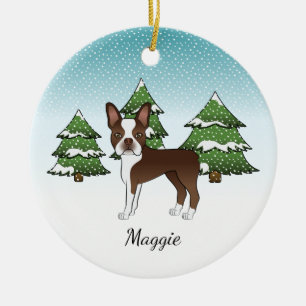 Brauner Boston Terrier in einem Winterwald & Name Keramik Ornament