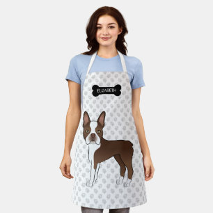 Brauner Boston Terrier mit Knochen, Pfoten und ind Schürze