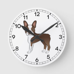 Brauner Boston Terrier Süße Cartoon-Hund-Zeichnung Runde Wanduhr