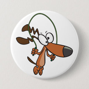 Brauner Cartoon-Hund springt Seil跳躍縄 überspringend Button