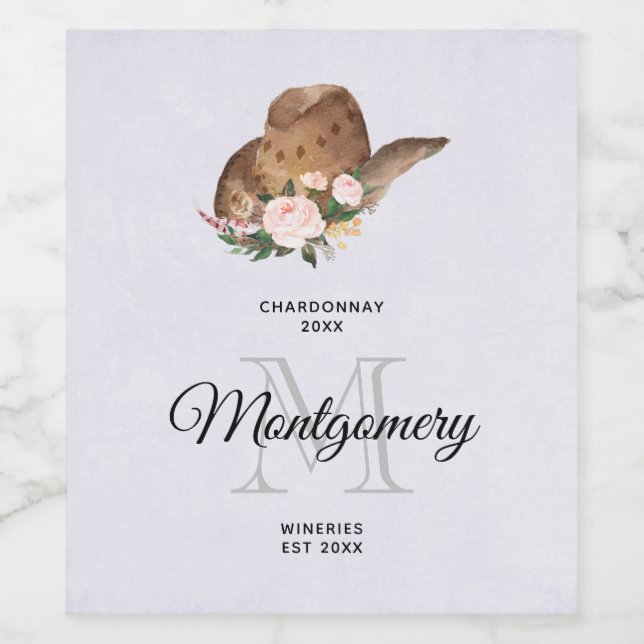 Brauner Cowgirl Hut mit rosa Blume Weinanbau Weinetikett (Einzelnes Label)