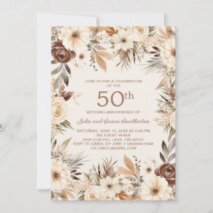 Brauner Cream Watercolor Floral 50 Jahre Jubiläum Einladung