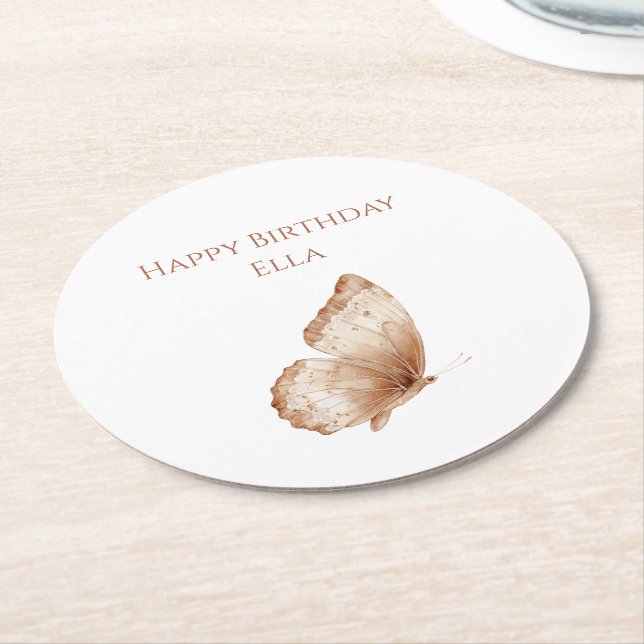 Brauner Creme Schmetterling Geburtstag Runder Pappuntersetzer (Angewinkelt)