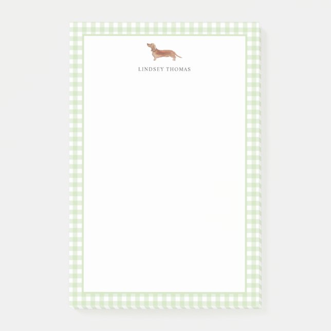 Brauner Dachshund grüne Gingham-Rahmen personalisi Post-it Klebezettel (Vorderseite)