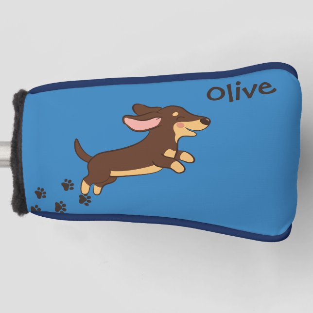 Brauner Dachshund läuft Blaues Design Golf Headcover (Vorderseite)