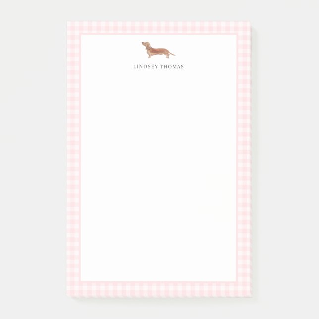 Brauner Dachshund Rosa Gingham-Rahmen Personalisie Post-it Klebezettel (Vorderseite)
